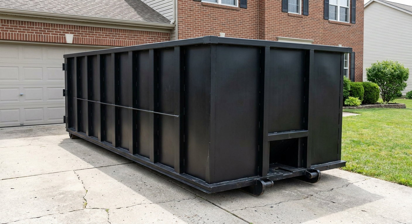 Matte-black 20-yard roll-off container on a Brentwood residential concrete driveway with reinforced ribbed steel sidewalls and a hinged rear walk-in door, clean bright daylight.