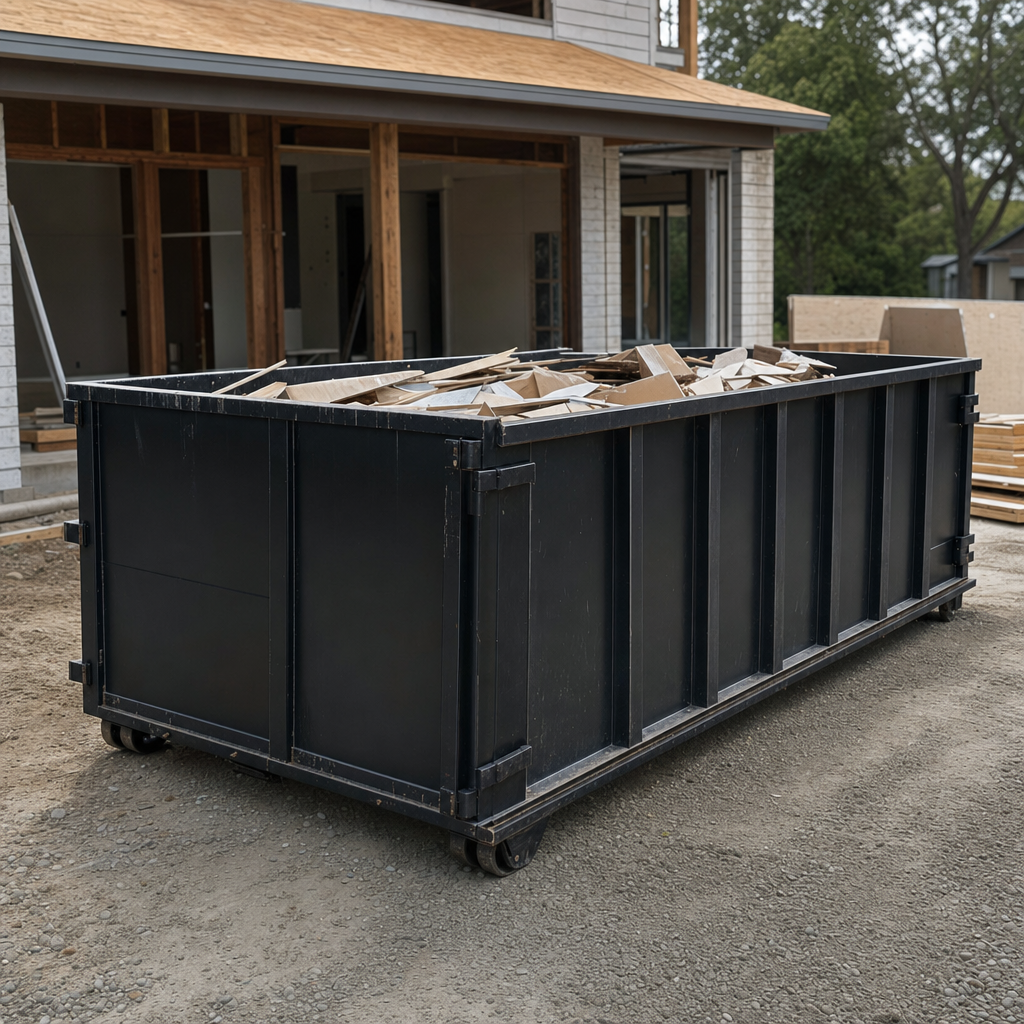 Large matte-black 30-yard construction roll-off dumpster at an active Brentwood jobsite, steel-gray top rails and bottom rollers visible, loaded with construction debris.