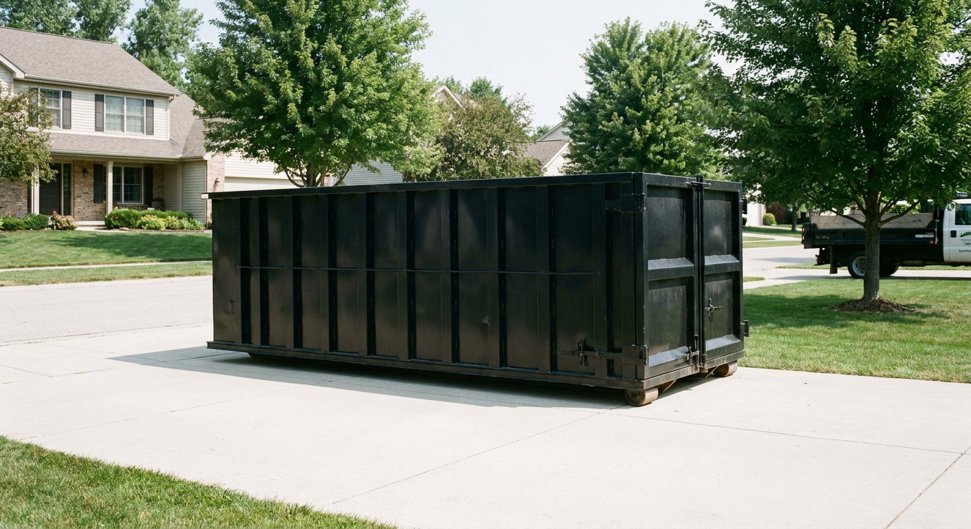 Matte-black 20-yard roll-off dumpster sitting level on a clean Brentwood residential concrete driveway under bright daylight, demonstrating clean placement directly on the concrete.
