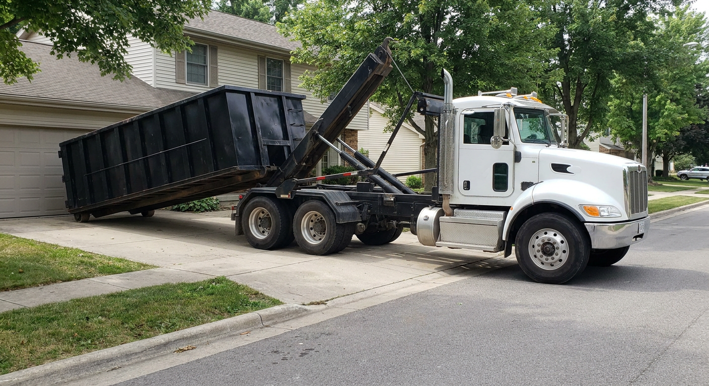 White-cab hooklift roll-off truck actively lowering a matte-black dumpster onto a Brentwood residential concrete driveway, the dumpster's rear wheels touching the driveway as the hoist arm tilts the bed forward, mid-morning daylight.