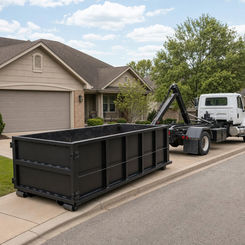 Wide documentary shot of a matte-black roll-off dumpster on a Brentwood residential driveway in the foreground and a contractor jobsite container in the soft-focus background, bright daylight, calm and orderly composition.