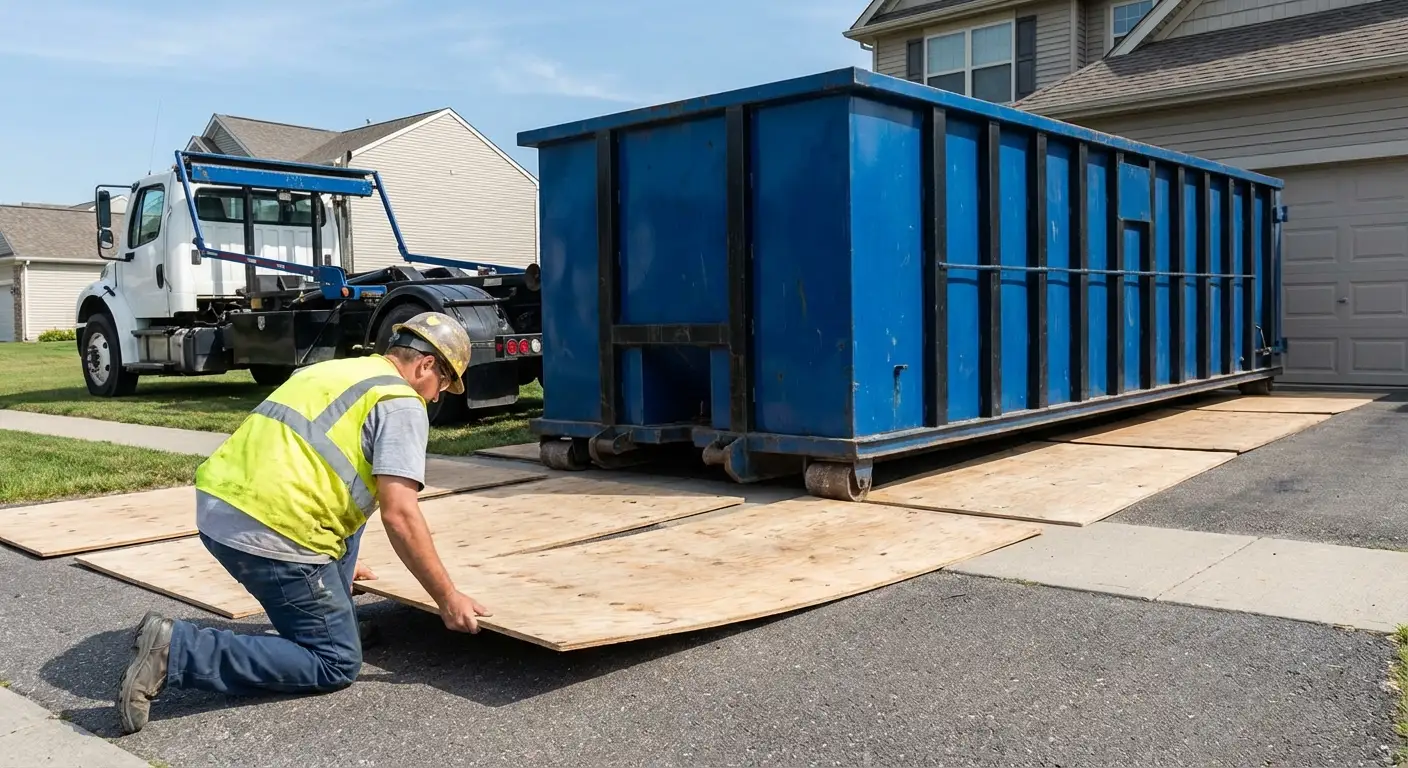 Driveway protection and delivery preparation for dumpster rental in Brentwood, CA