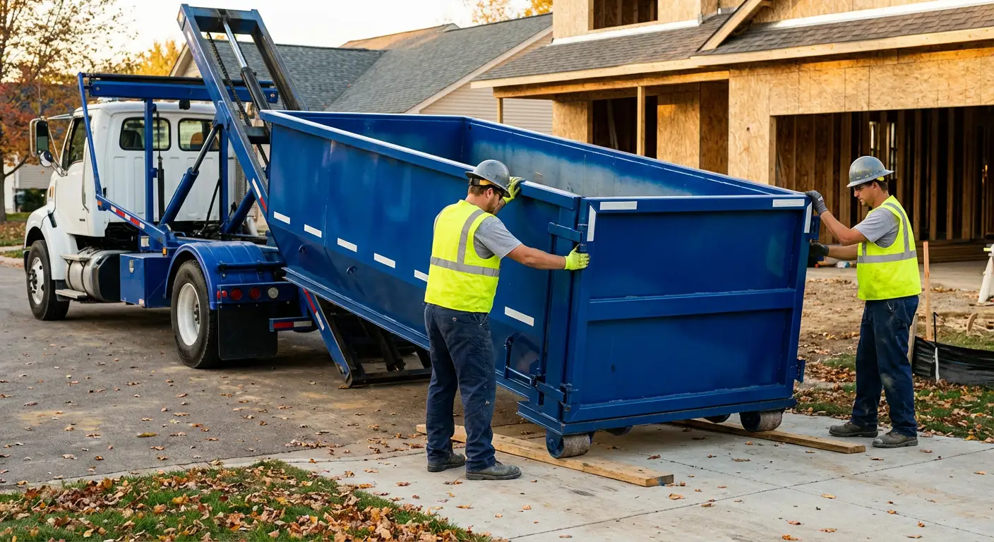 Roll-off dumpster delivery truck in residential area in Brentwood, CA