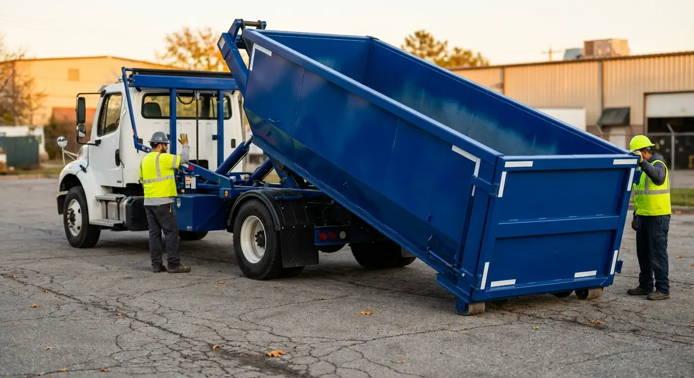 Roll-off dumpster rental truck protecting driveway surfaces in Brentwood, CA