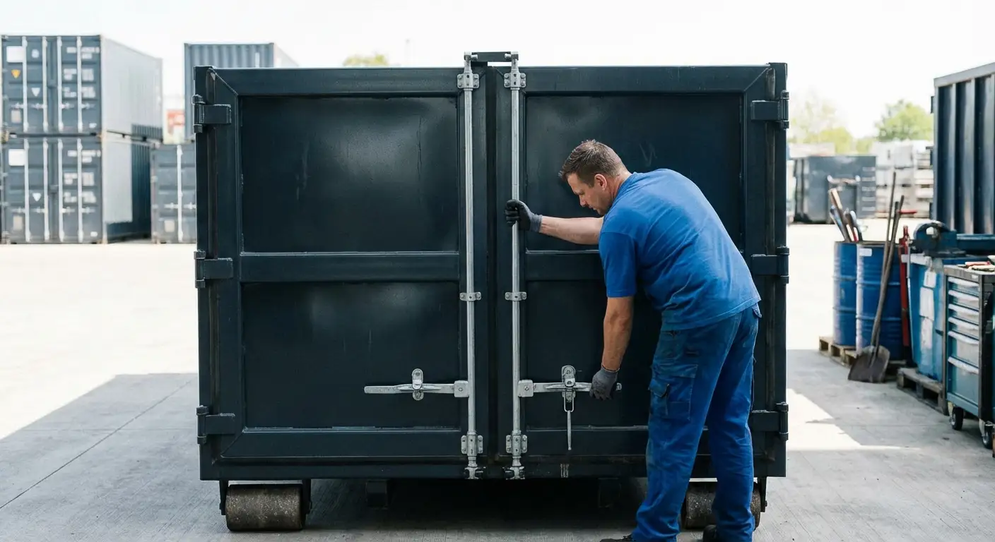 Dumpster walk-in loading door open showing easy access in Brentwood, CA